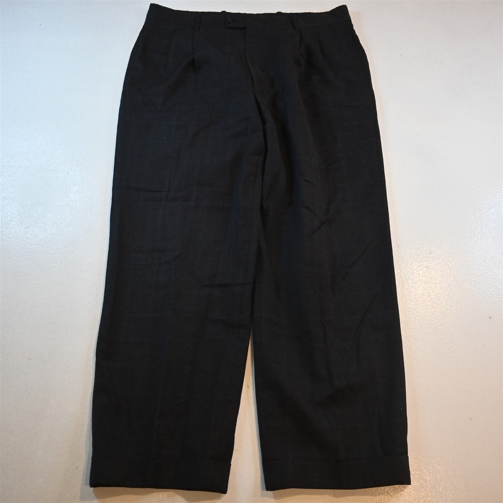 Bernard Zins 34x29 Brown Windowpane 100% Wool Pleated Cuffed France Mens Pants